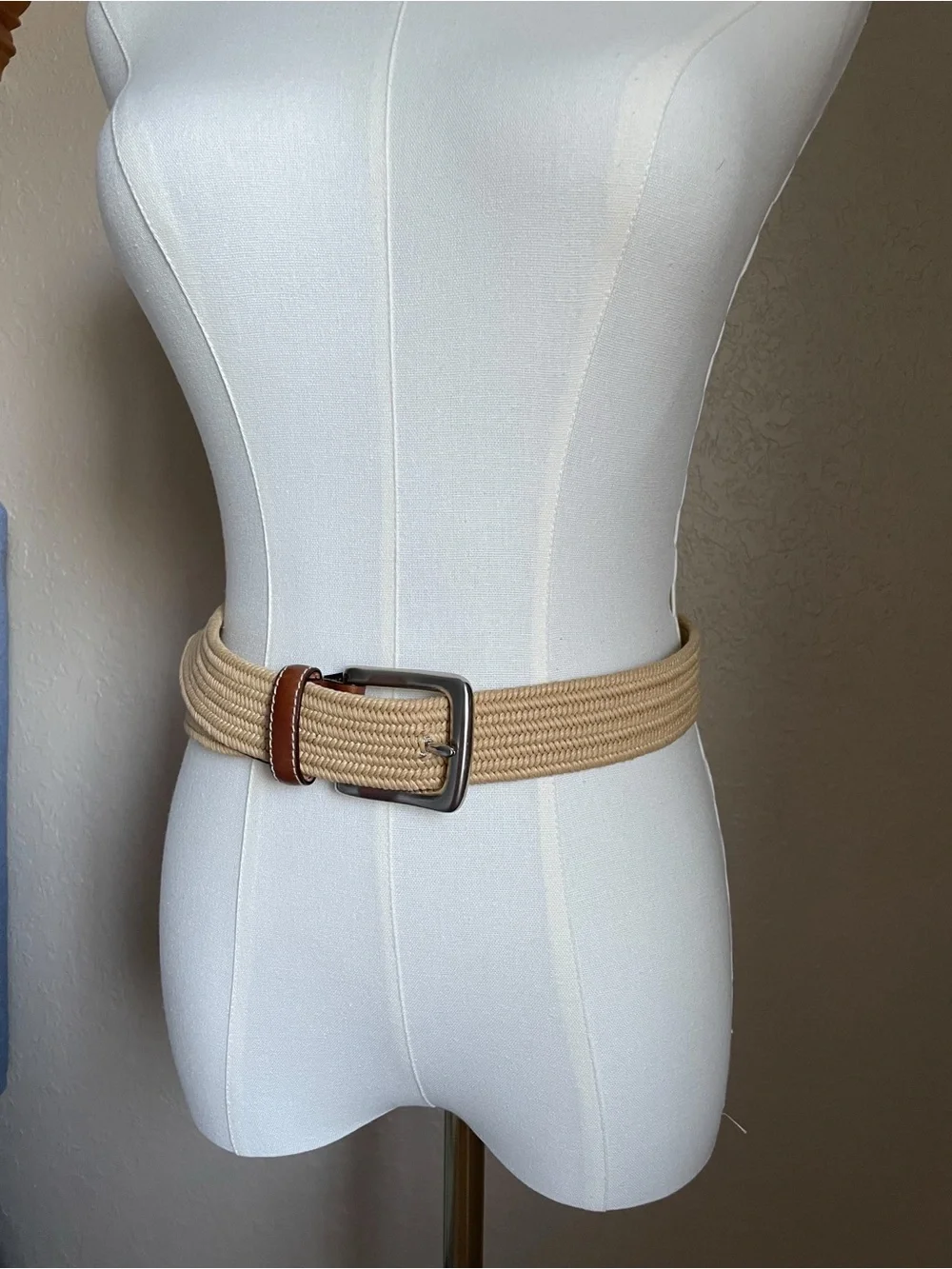 Men’s Brighton Palmer Woven Stretch Leather Belt Size 40 Cream Cognac